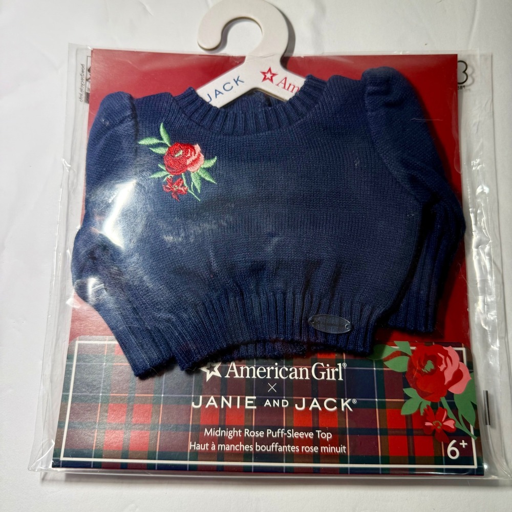 American Girl Janie and Jack Midnight Rose Puff Sleeve Top Navy Doll Sweater